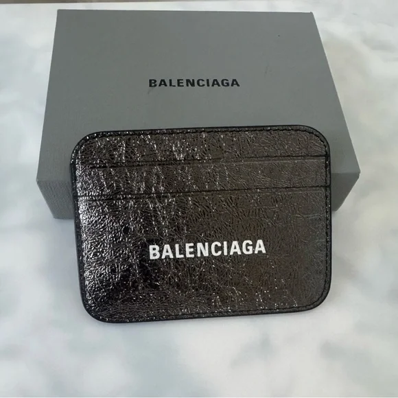 BALENCIAGA LOGO Metallic Silver Leather Credit Card Cash Cardholder Wallet NEW - Picture 4 of 14
